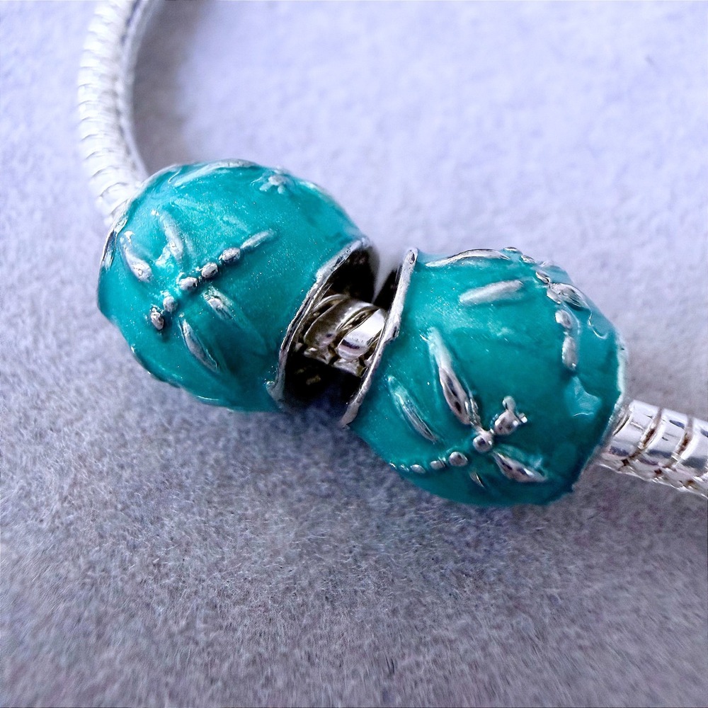 Teal Enamel Dragonfly Charm Beads Set of 2 Silver Tone Turquoise fits PANDORA